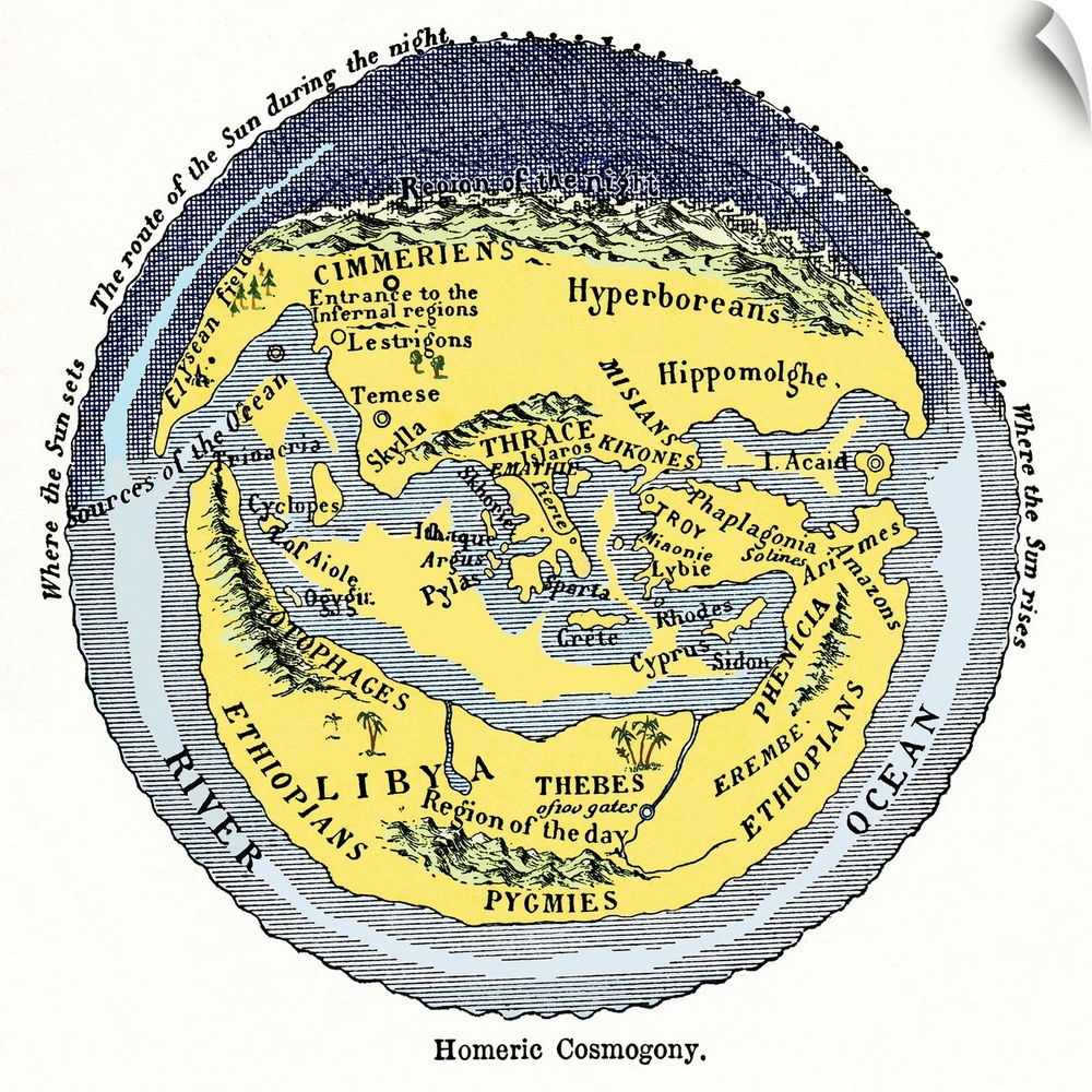 Homeric cosmogony. Map of the Earth based on the myths and knowledge of the Ancient Greeks at the time of Homer (1st or 2n...