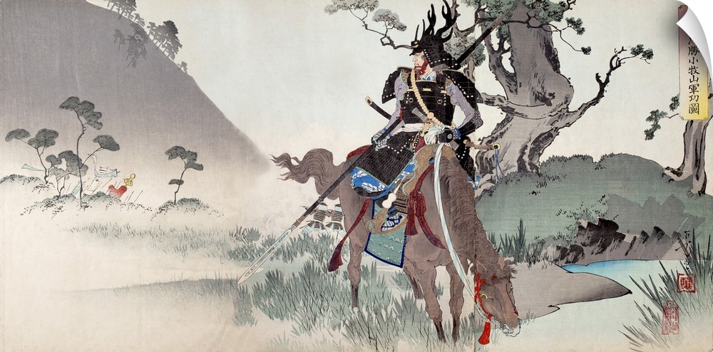 Honda Tadakatsu at Komaki. Detail from a 19th-century woodblock illustration showing legendary Japanese samurai Honda Tada...