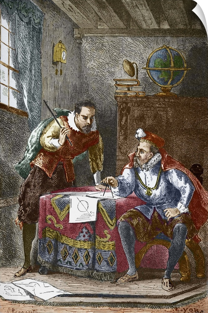 Johannes Kepler (left, 1571-1630), German astronomer, and Tycho Brahe (right, 1546-1601), Danish astronomer, discussing pl...