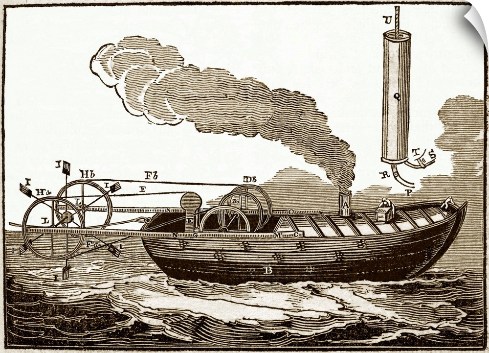 Jonathan Hulls' steamboat, historical artwork. A patent for this steam-powered towboat was taken out by the British invent...