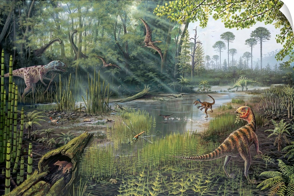 Jurassic life. Artwork of a forest full of prehistoric creatures that existed during the Jurassic Period (200 to 145 milli...