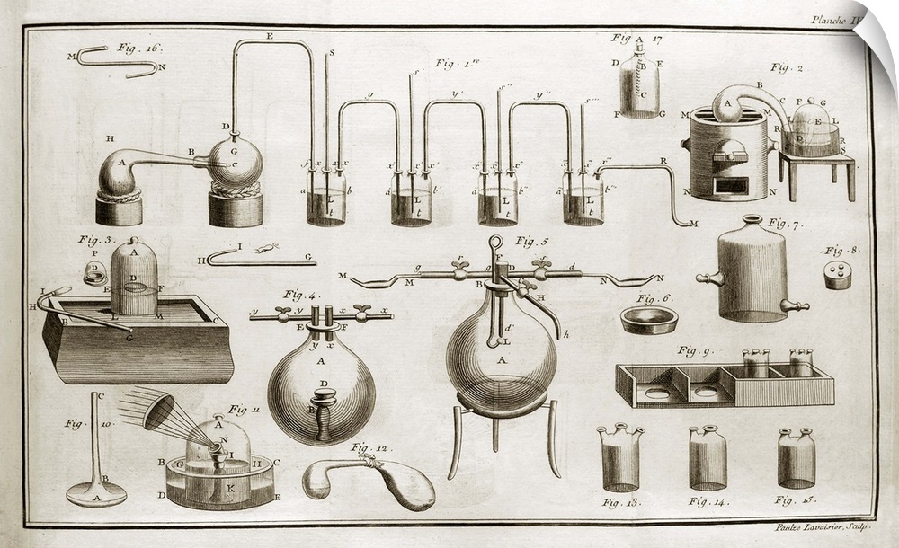 Lavoisier equipment. Artwork of apparatus used by the French chemist Antoine Lavoisier (1743-1794). Artwork published in '...