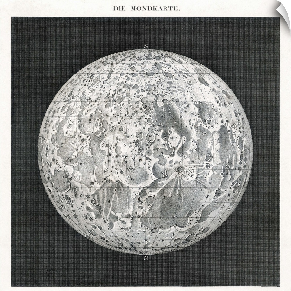 Lunar map of 1854. This map of the Moon's surface was published in Germany, and the title across top in in German. The Moo...