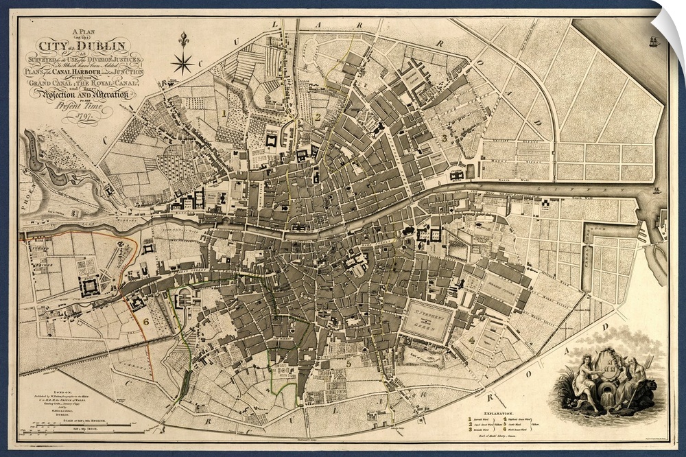 Map of the City of Dublin, Ireland. Published in 1797, this map includes details of the canals being built at the time. Ca...