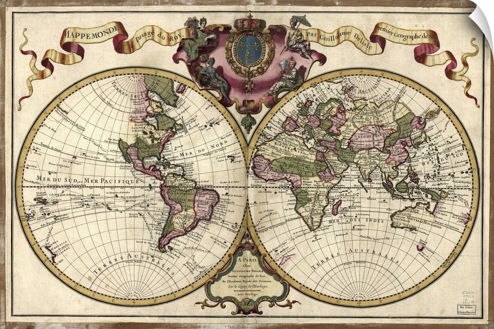 Antique map of the world represented with two circles and the various areas of the globe depicted on the inside of them.