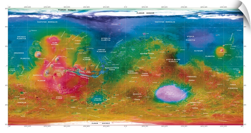 Mars topographical map. Three-dimensional composite satellite image of the surface of Mars. Topographical features are lab...