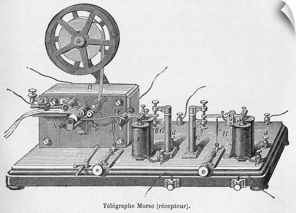Morse's telegraph. Historical artwork of the receiver of a telegraph machine used to communicate in Morse code. The messag...