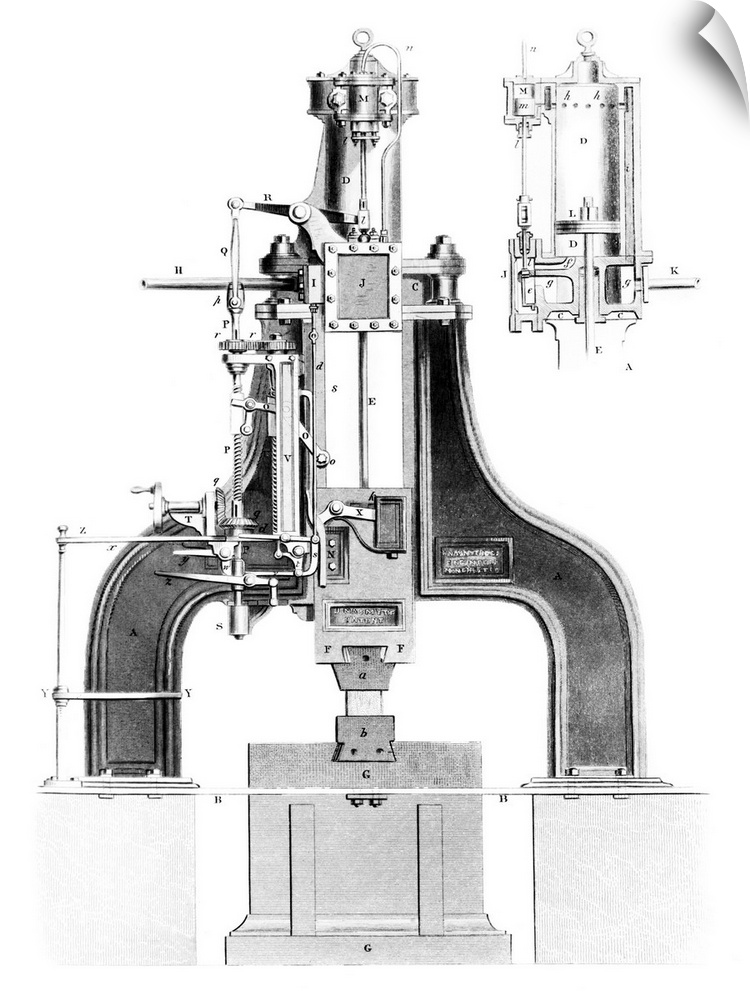 Nasmyth's steam hammer. 19th Century artwork showing the workings of a steam hammer invented in 1837 by the Scottish engin...