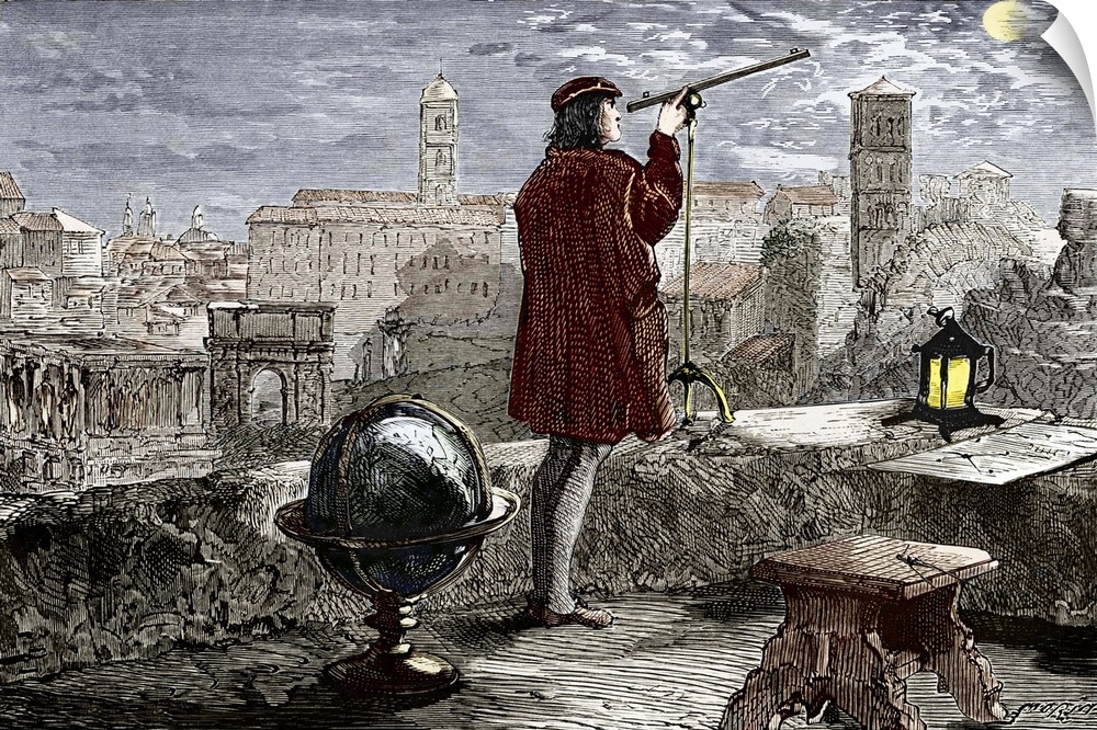 Nicolaus Copernicus (1473-1543) observing a lunar eclipse in Rome in 1500, coloured historical artwork. Copernicus was a P...
