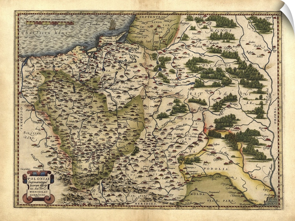 Ortelius's map of Poland. This map is from the 1570 first edition of Theatrum orbis terrarum ('Theatre of the World'). Dra...