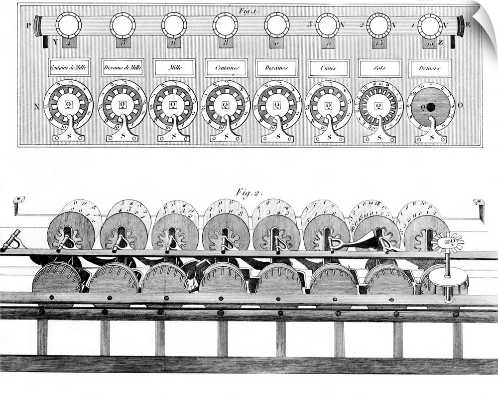 Pascal's calculator. Historical artwork showing the mechanism inside a 17th Century mechanical device used to perform math...