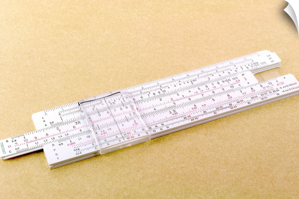 Logarithmic slide rule. This adjustable ruler contains the values for logs, which are used to aid multiplication and divis...