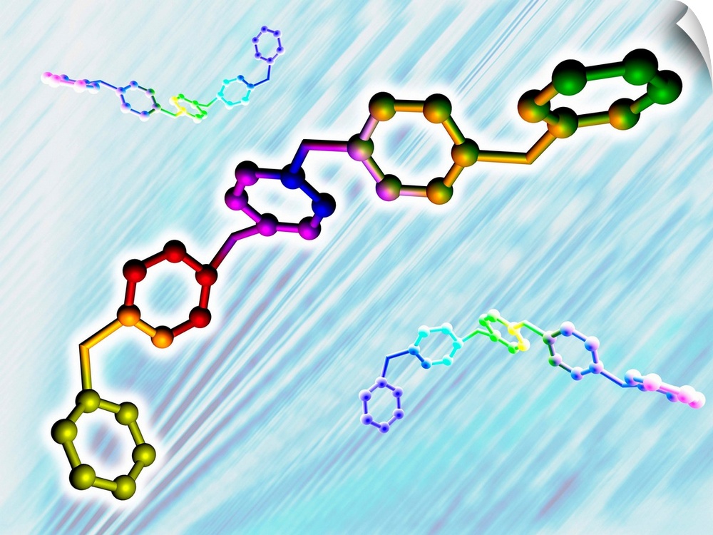 Polymer molecular structure. Computer artwork of a polymeric structure. A polymer is formed by adding base units together ...