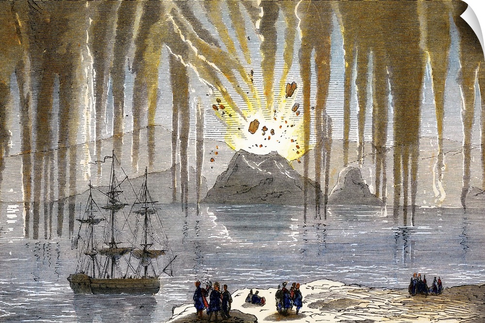 Santorini eruption. Historical artwork depicting a volcanic eruption by the island of Nea Kameni in 1866. This eruption, i...