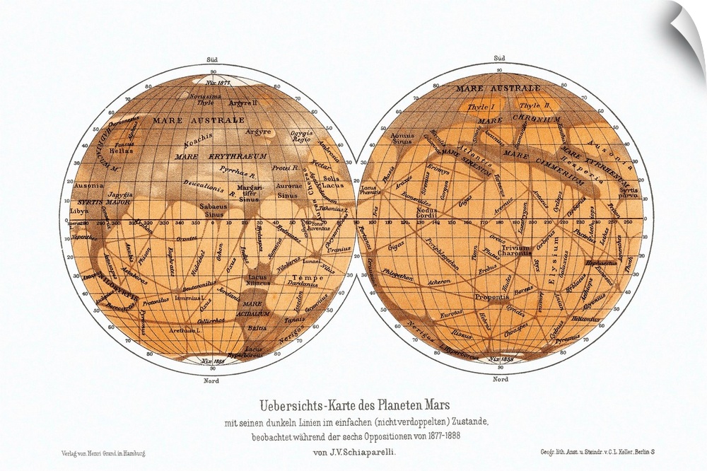 Schiaparelli's map of Mars. This drawing of the two hemispheres of Mars was made by the Italian astronomer Giovanni Schiap...