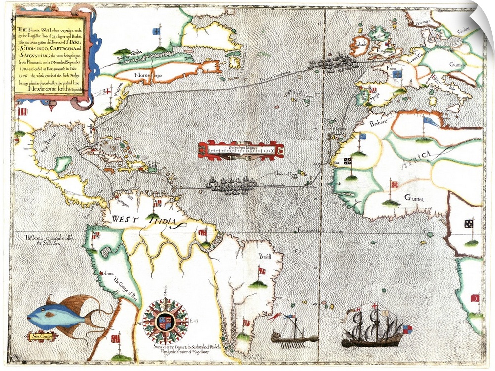 Sir Francis Drake's voyage 1585-1586. 16th century map showing the journey Sir Francis Drake made to the New World from 15...