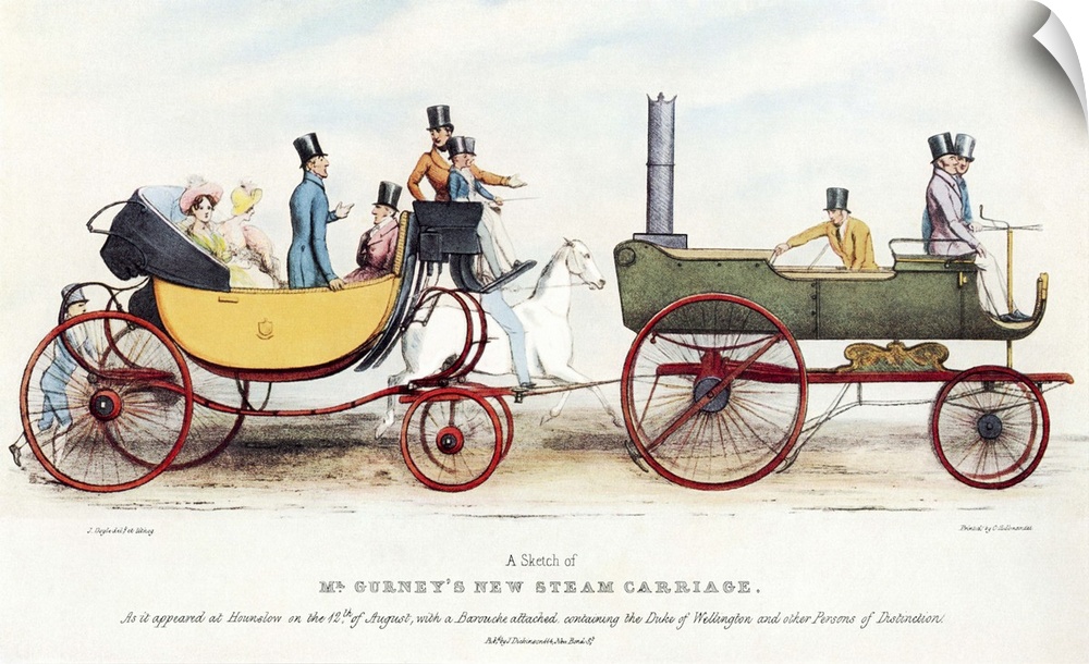 Steam-powered coach, historical artwork. This coach, known as the Gurney Drag, was a horseless stage coach towed by a carr...