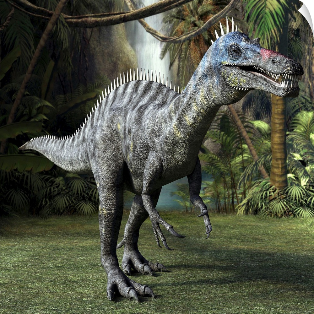 Suchomimus dinosaur in a prehistoric jungle, computer artwork. This bipedal spinosaurid dinosaur is known from fossils dis...