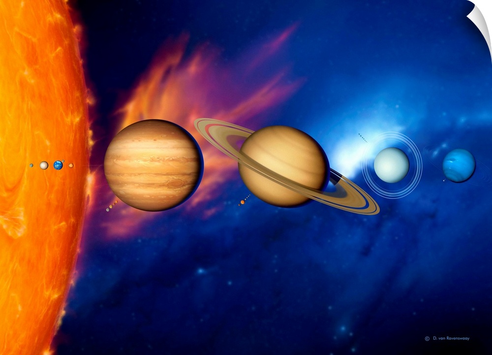 Sun and its planets. Artwork of the eight planets of the solar system arrayed from left to right in their order from the S...