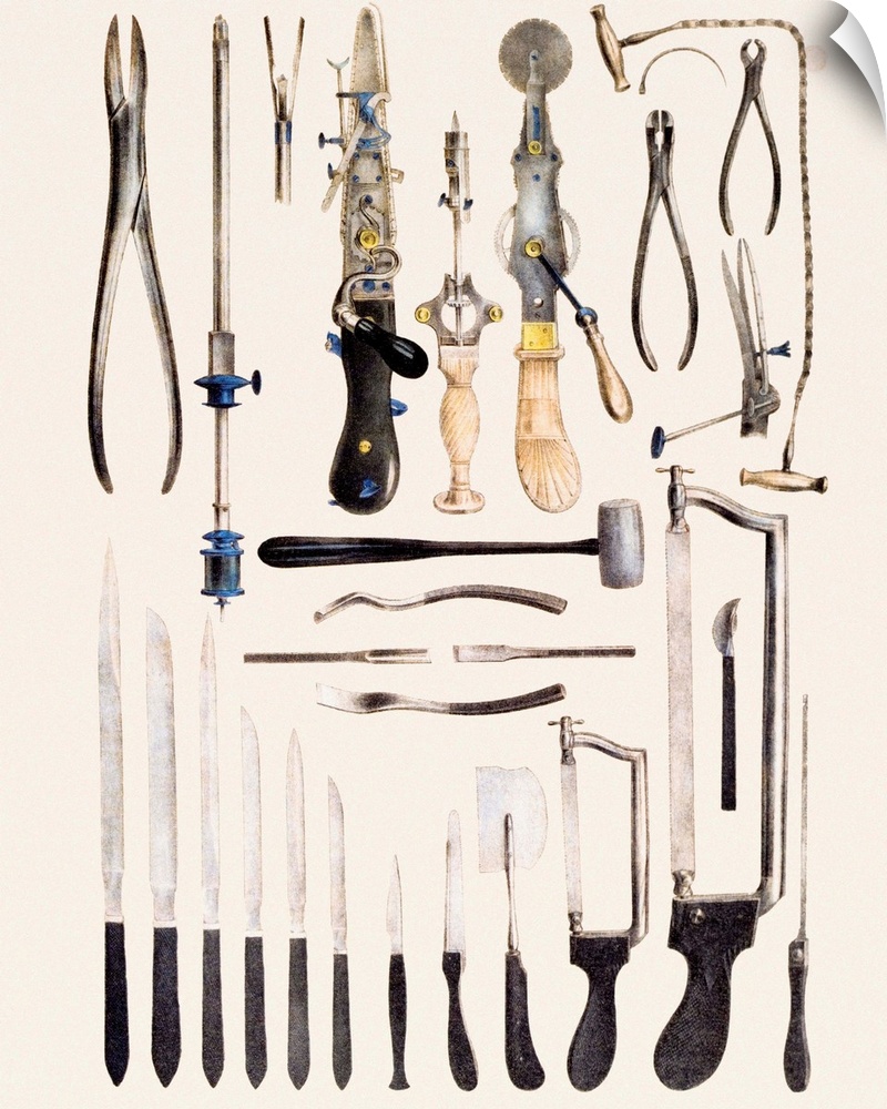 Surgical instruments for use on bones, historical anatomical artwork. This 19th century textbook illustration shows differ...