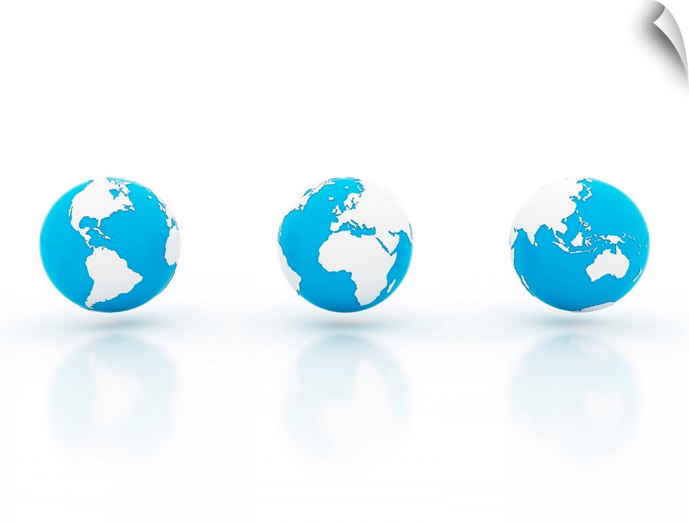 Three blue and white globes, illustration.