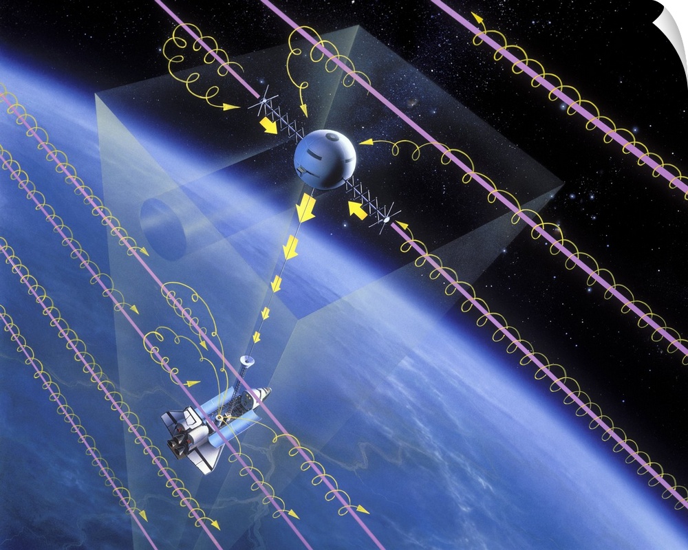 TSS-1 tethered satellite. Artwork showing the tethered satellite system (TSS-1) deployed from the Space Shuttle Atlantis d...