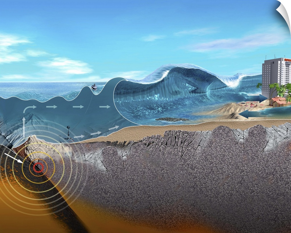 Underwater earthquake and tsunami. Cutaway artwork showing how an underwater earthquake (left) can trigger a tsunami and d...