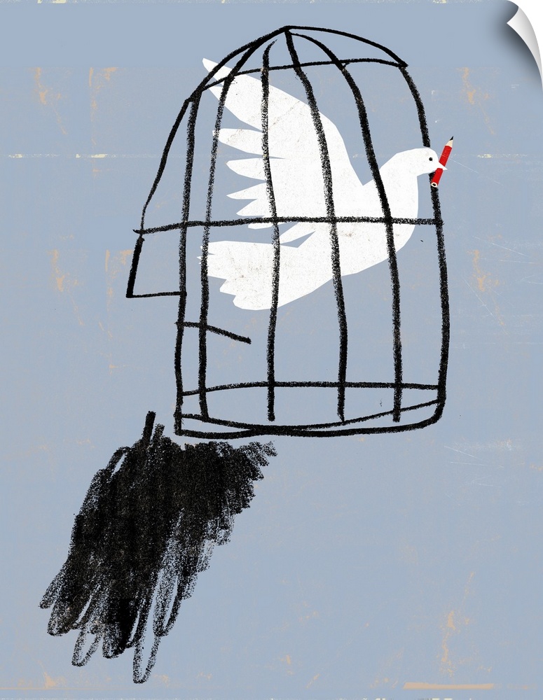 Writing for peace. Conceptual image of a caged dove with a pencil in its mouth, representing writings on issues such as wa...