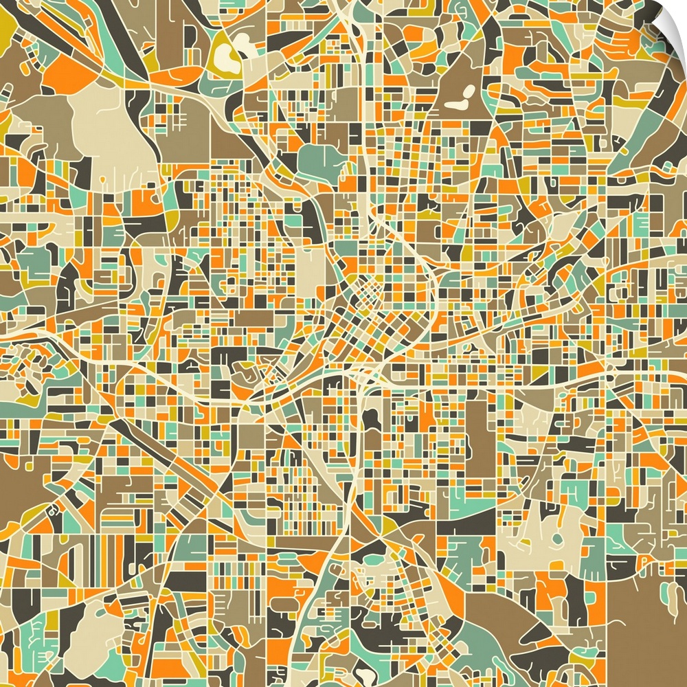 Colorfully illustrated aerial street map of Atlanta, Georgia on a square background.