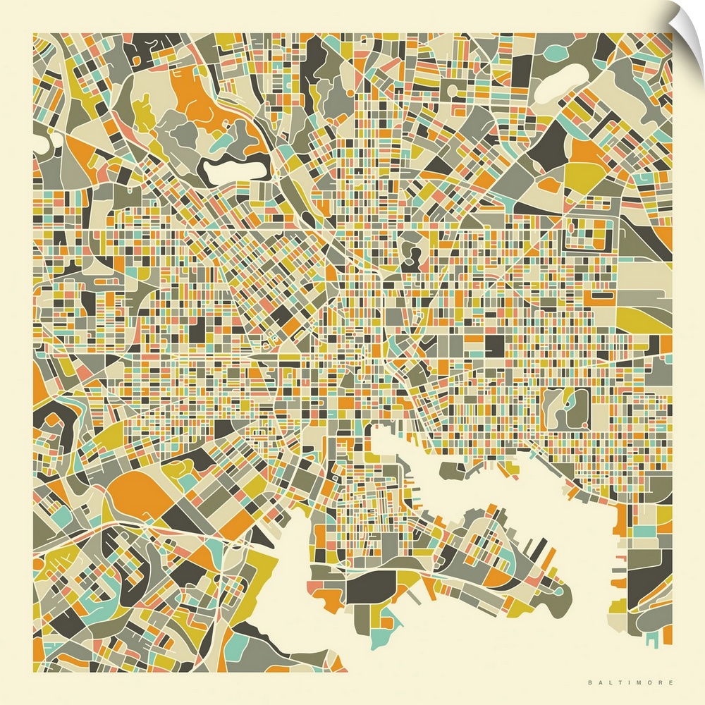 Colorfully illustrated aerial street map of Baltimore, Maryland on a square background.
