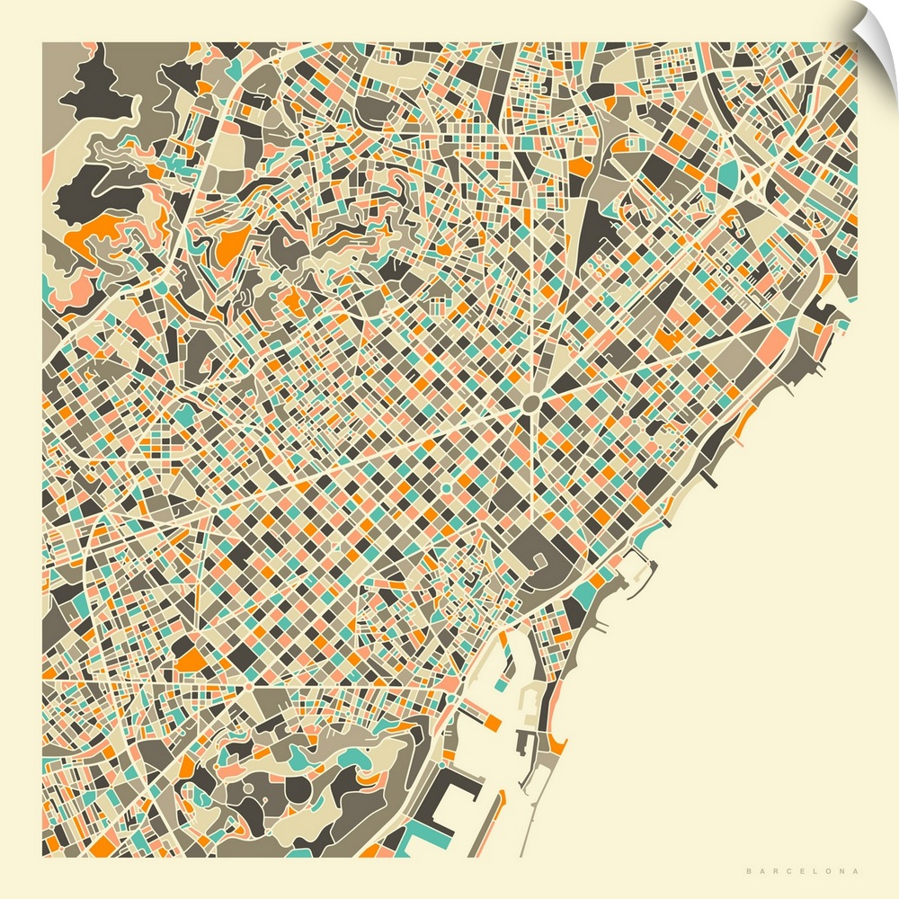 Colorfully illustrated aerial street map of Barcelona, Spain on a square background.
