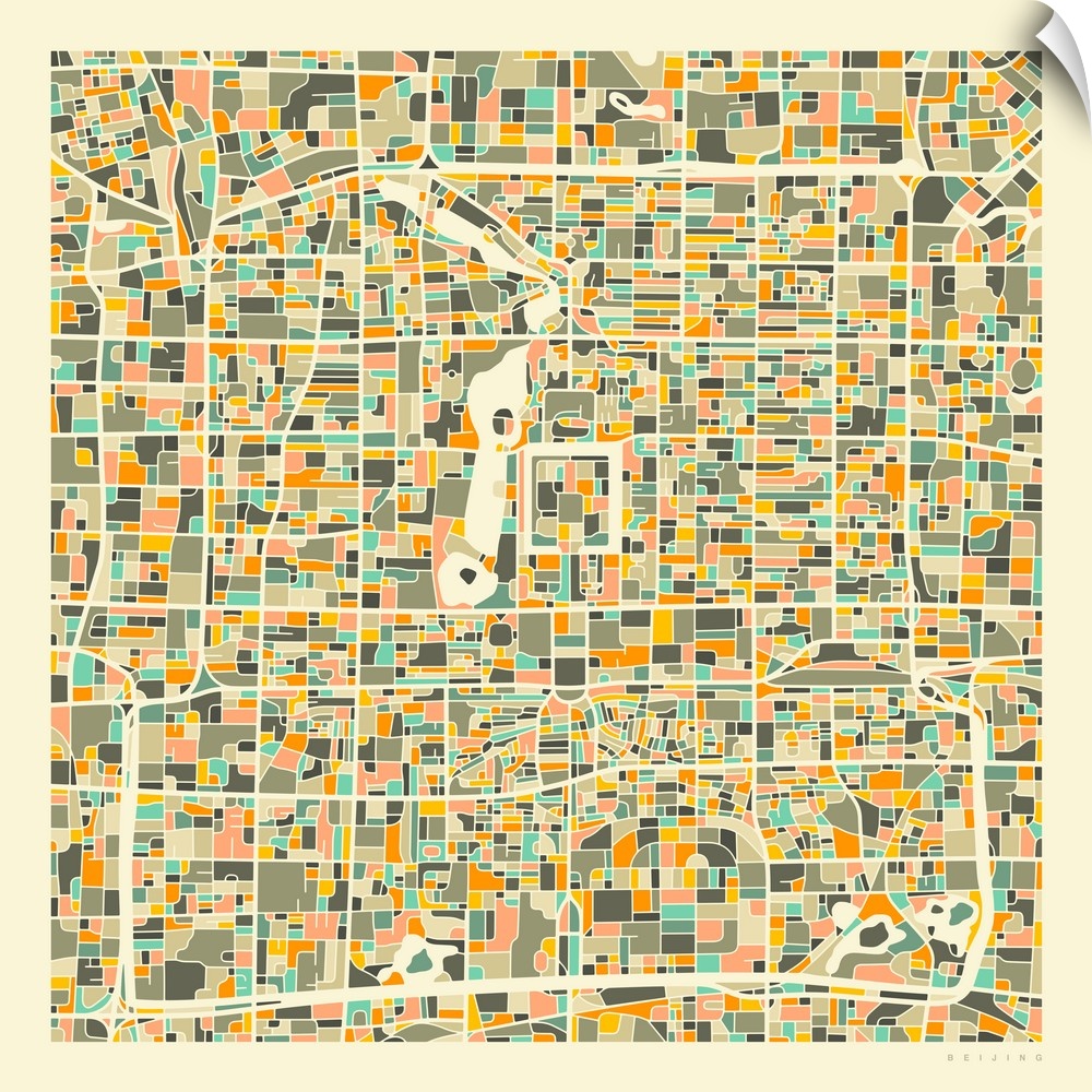 Colorfully illustrated aerial street map of Beijing, China on a square background.