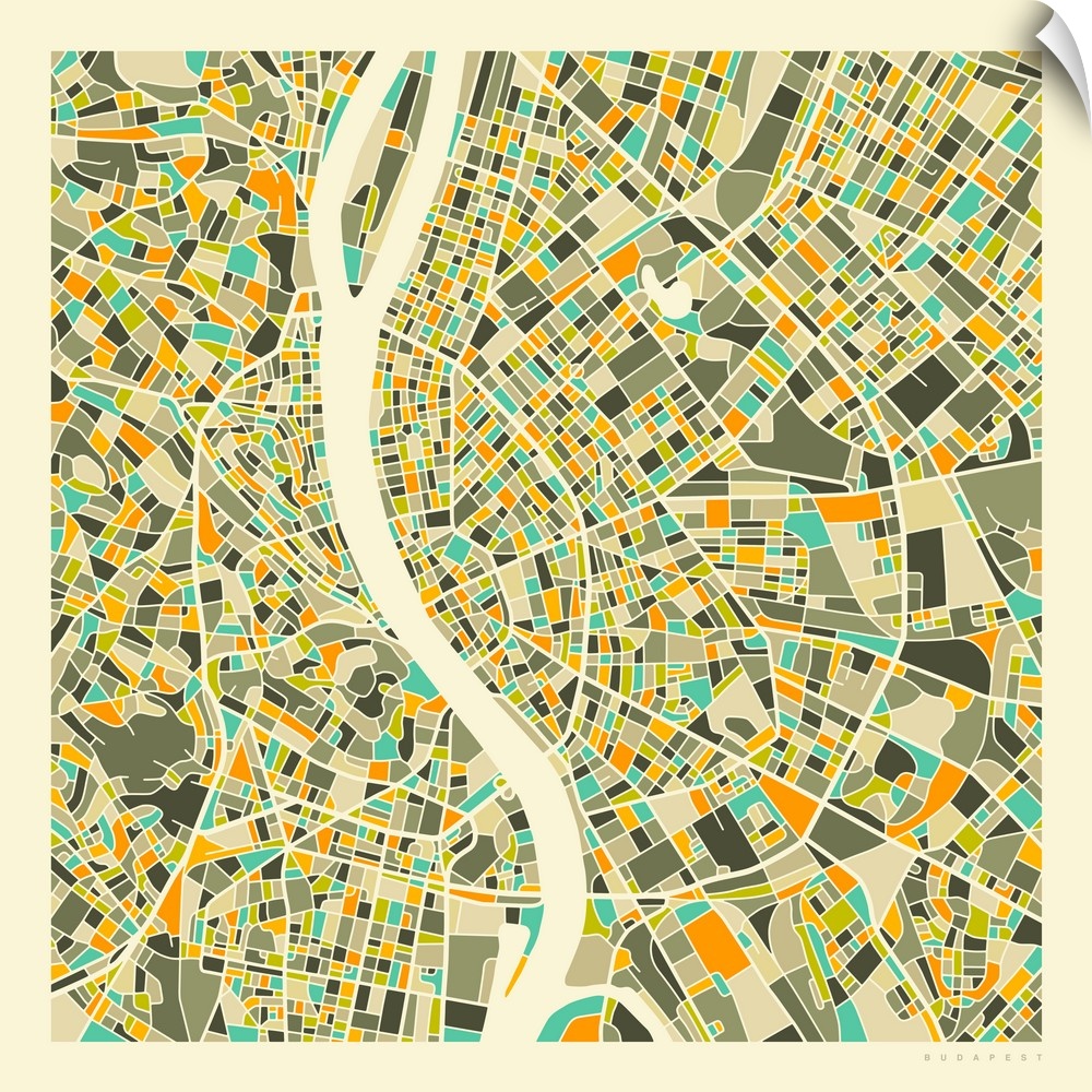 Colorfully illustrated aerial street map of Budapest, Hungary on a square background.
