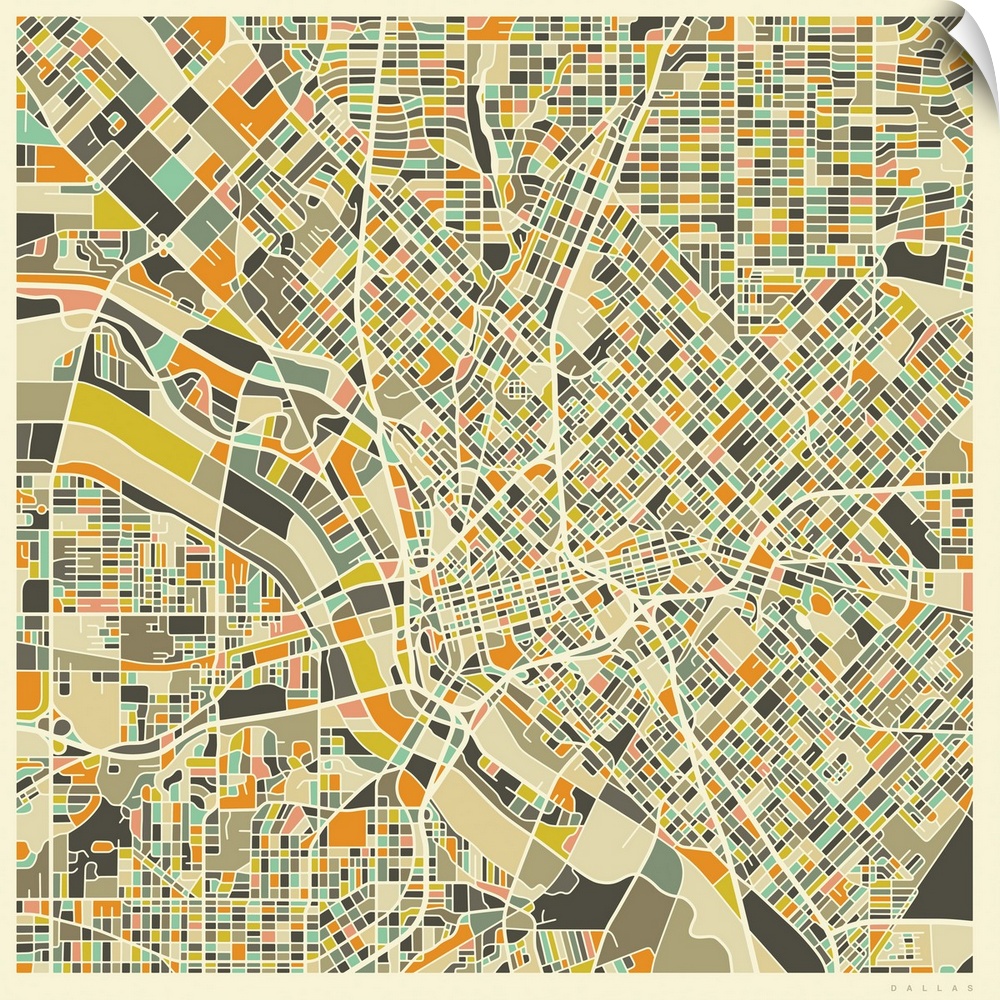 Colorfully illustrated aerial street map of Dallas, Texas on a square background.
