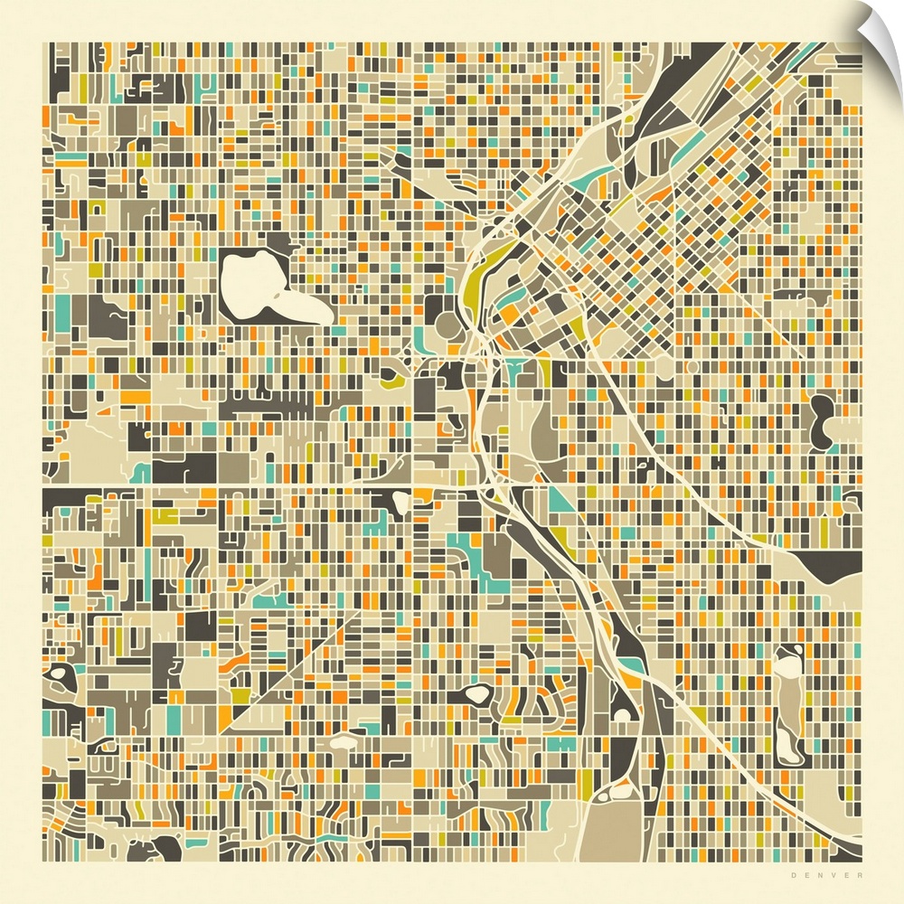 Colorfully illustrated aerial street map of Denver, Colorado on a square background.