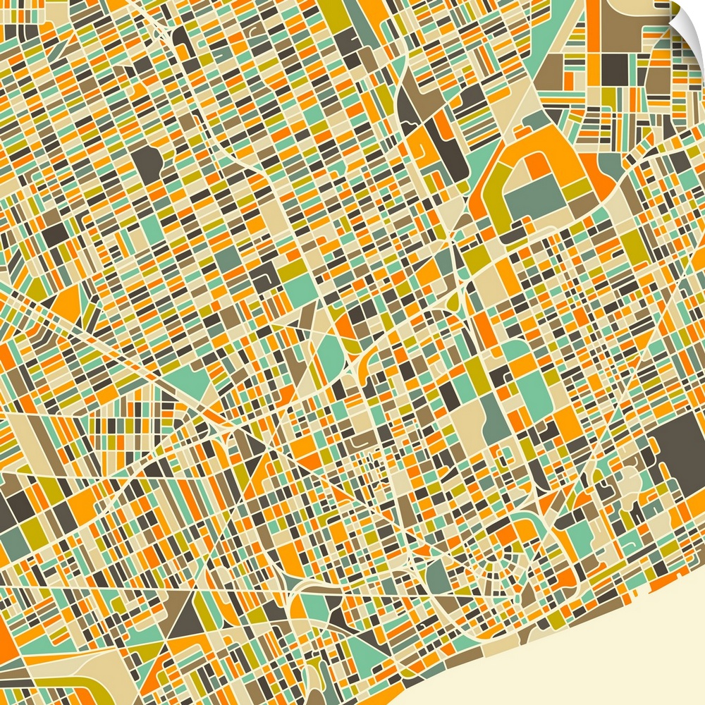 Colorfully illustrated aerial street map of Detroit, Michigan on a square background.