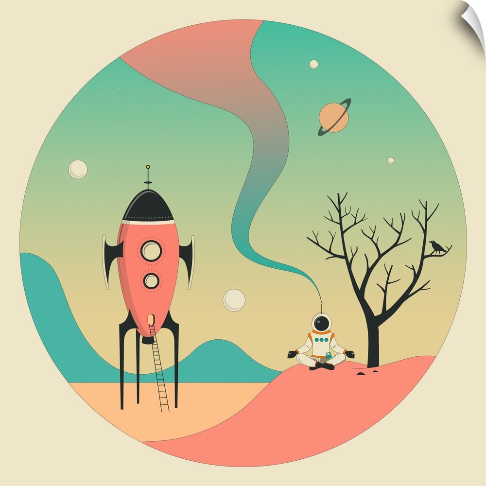 Pastel colored illustration of an astronaut meditating on a planet with a space ship to his/her right side, on a square ba...