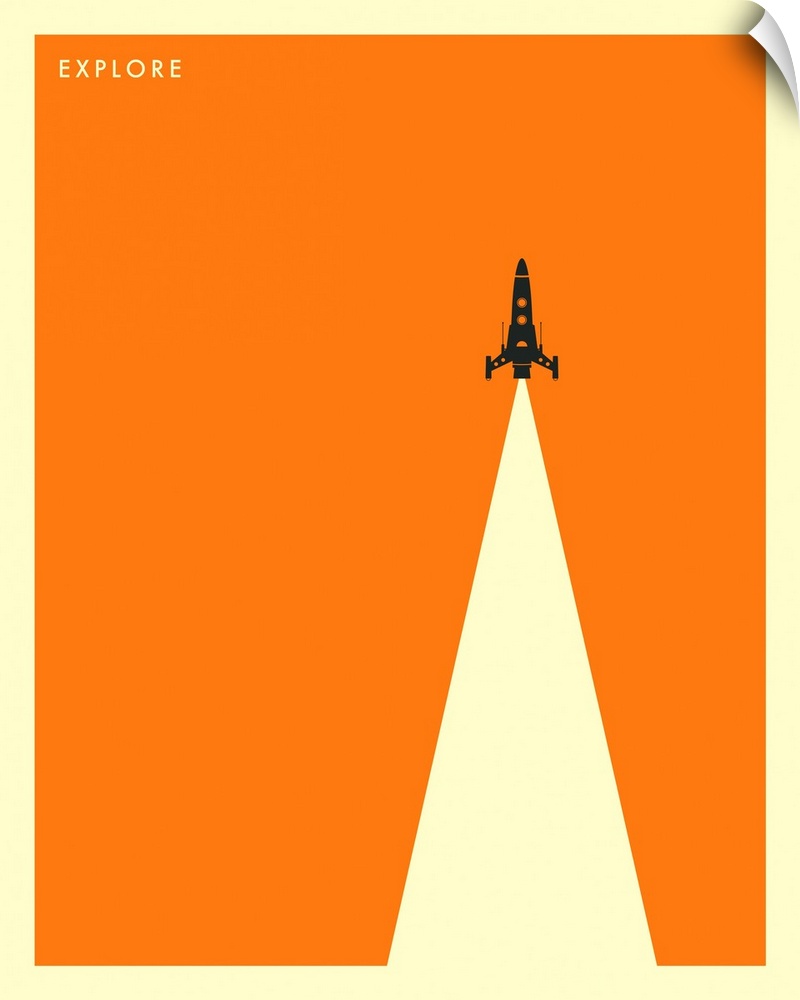 Minimalist illustration of a rocket ship flying straight up to the top of the image leaving a large white streak behind. "...