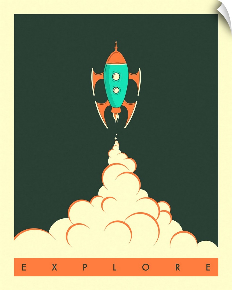 Illustration of a rocket taking off and leaving a cloud of smoke behind, with the word "Explore" written across the bottom.