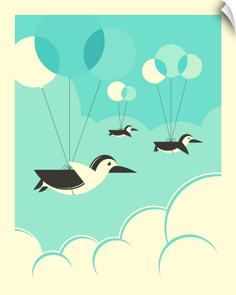 Whimsical illustration of three penguins attached to balloons and floating in the clouds. Created with shades of blue and ...