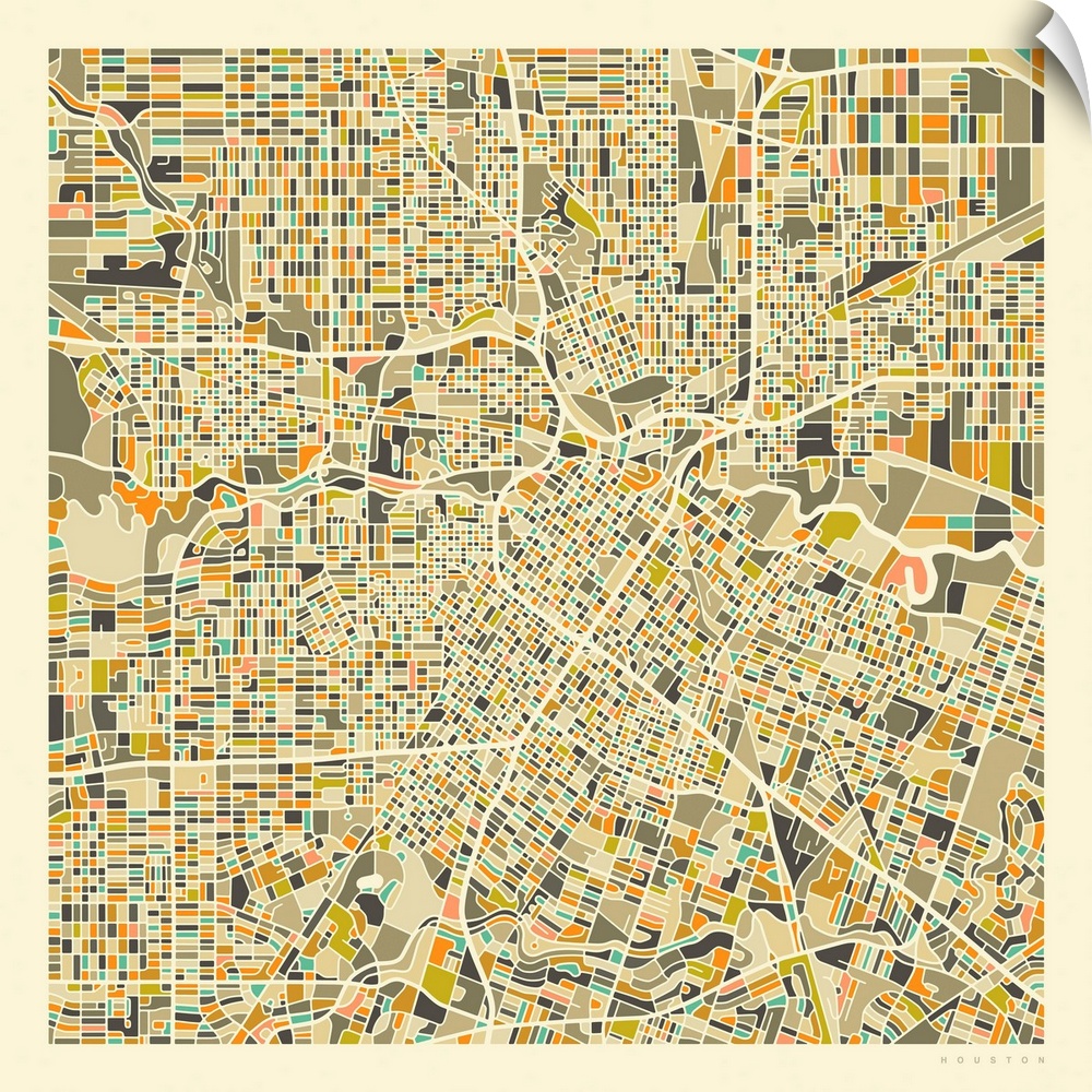 Colorfully illustrated aerial street map of Houston, Texas on a square background.