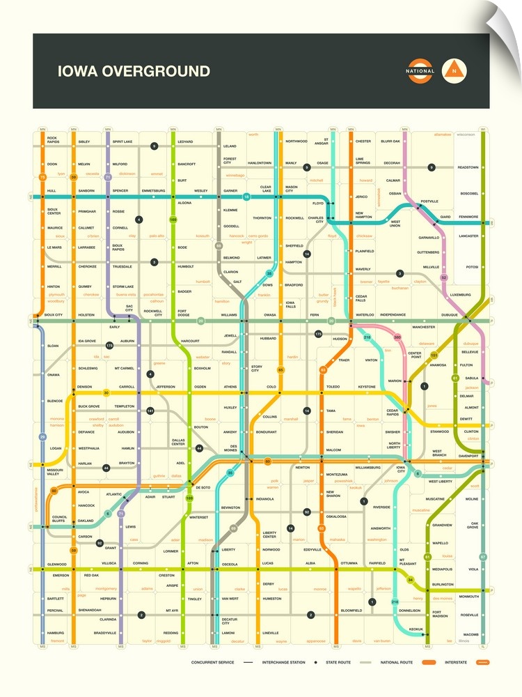 Illustrated map of the Iowa state highways with labels and a key at the bottom.