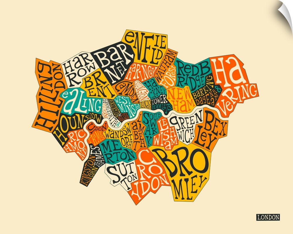 Illustrated map of London, England sectioning out the different neighborhoods, with the name of each neighborhood written ...