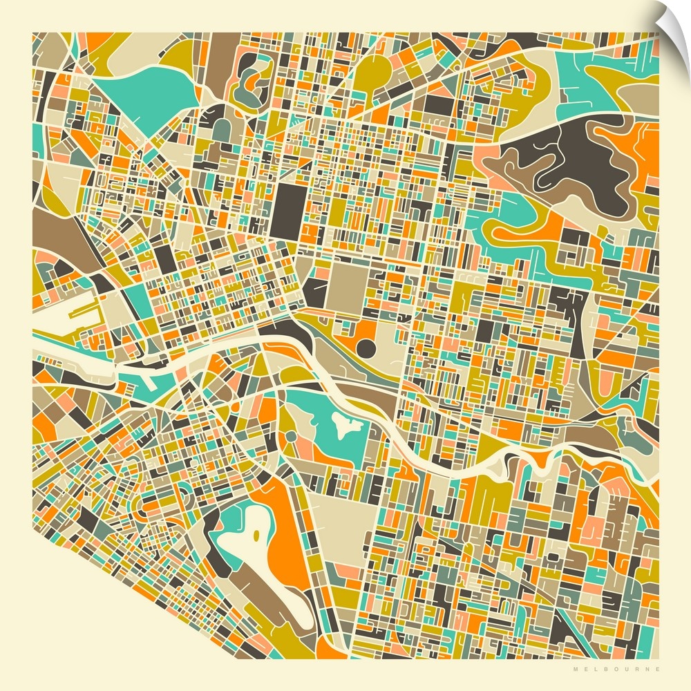 Colorfully illustrated aerial street map of Melbourne, Australia on a square background.