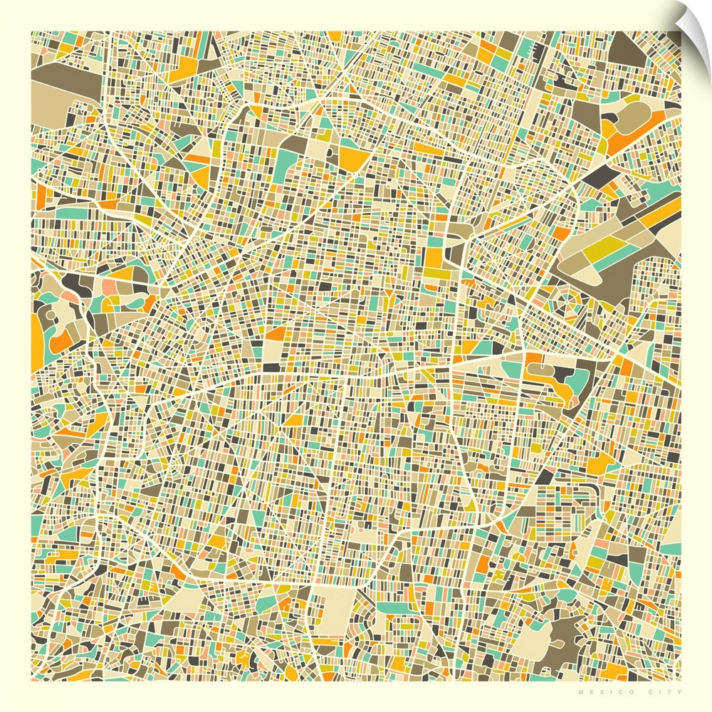 Colorfully illustrated aerial street map of Mexico City, Mexico on a square background.
