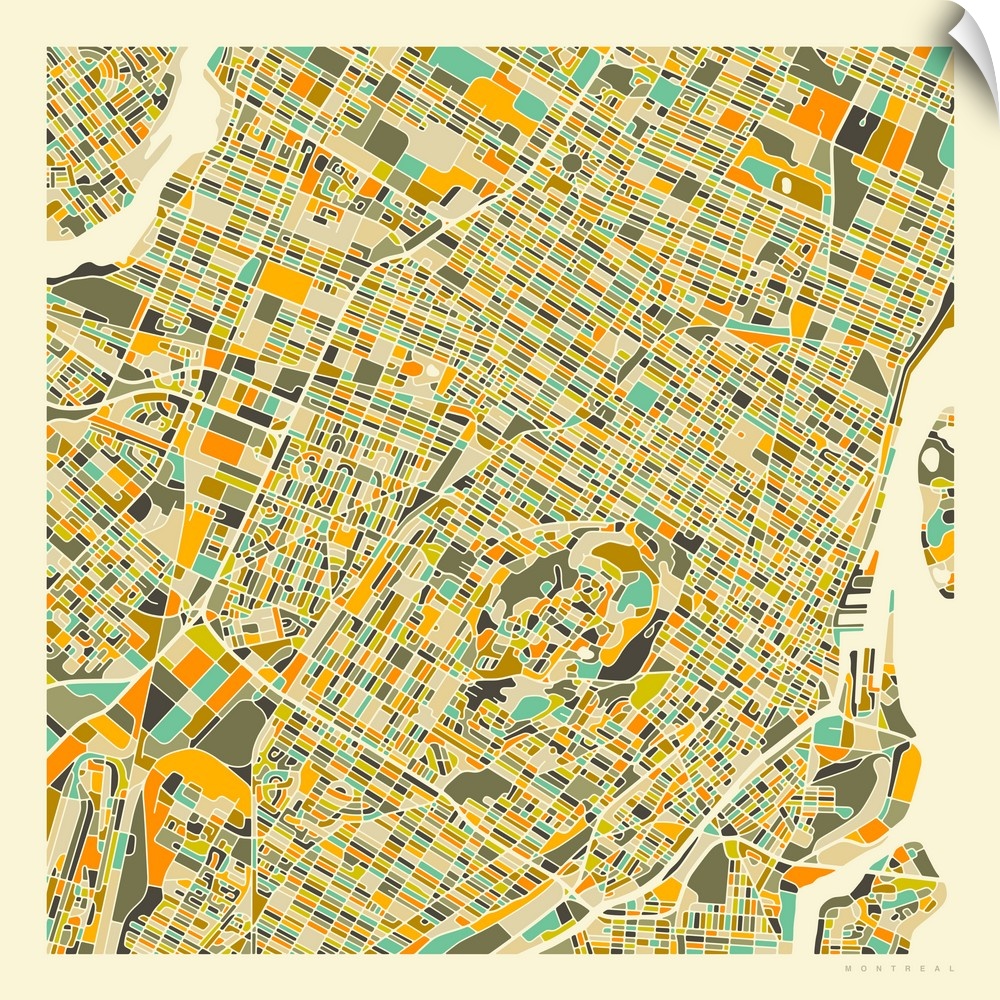 Colorfully illustrated aerial street map of Montreal, Canada on a square background.