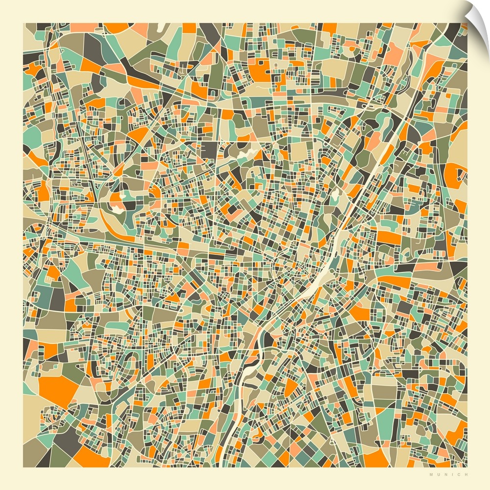 Colorfully illustrated aerial street map of Munich, Germany on a square background.