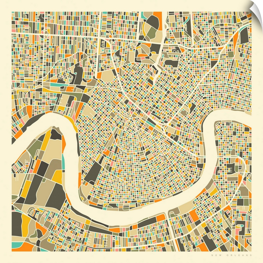 Colorfully illustrated aerial street map of New Orleans, Louisiana on a square background.