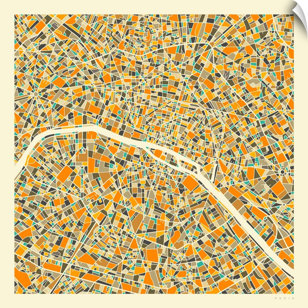 Colorfully illustrated aerial street map of Paris, France on a square background.