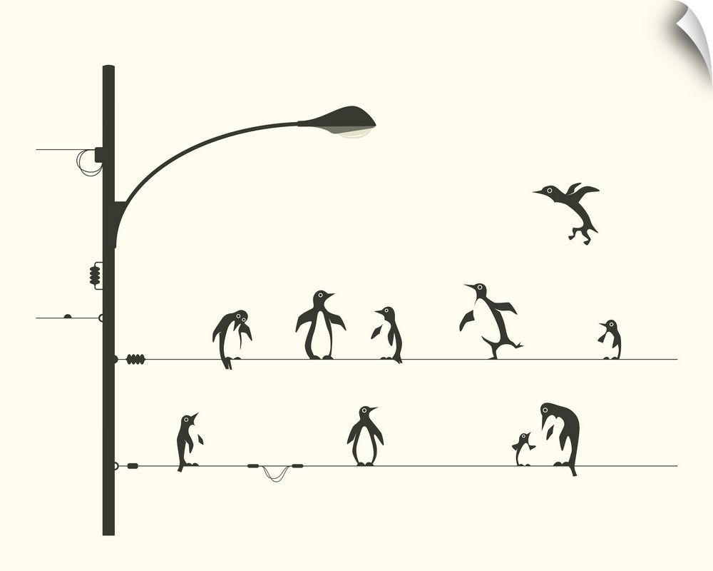 Black and white whimsical illustration of penguins walking and balancing on lamp post wires.